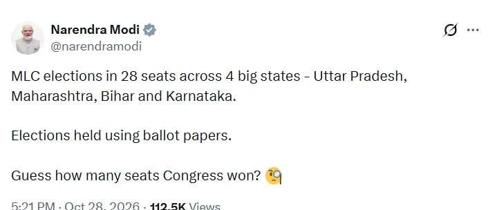 चार राज्यों के एमएलसी चुनाव परिणामों पर प्रधानमंत्री मोदी का कांग्रेस पर कटाक्ष